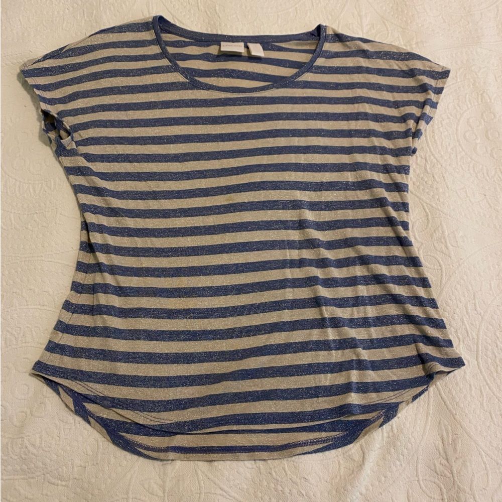 Chico’s size 2/Medium Striped Metallic Cotton Modal Blend Short Sleeve Shirt